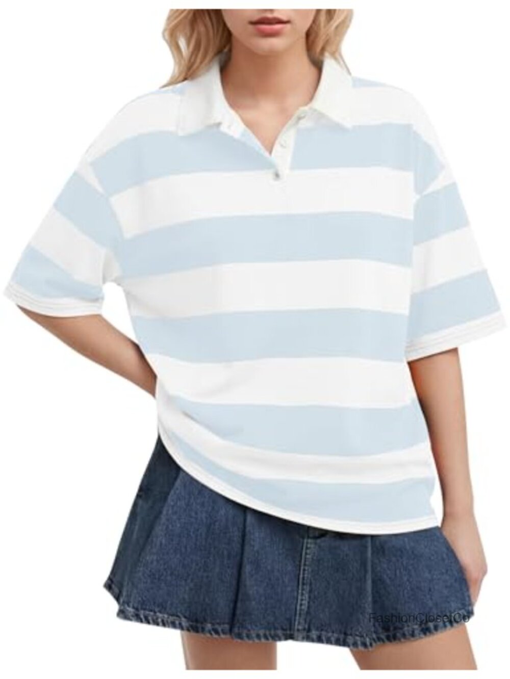 Women's Oversized Striped Rugby Polo Shirt Short Sleeve Cotton Blend